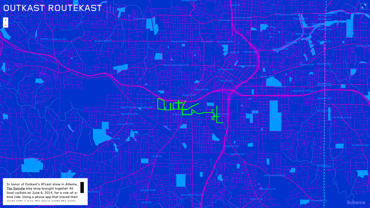 Schema designed a data visualization of the bike routes spelling the name "Outkast" in the streets of Atlanta